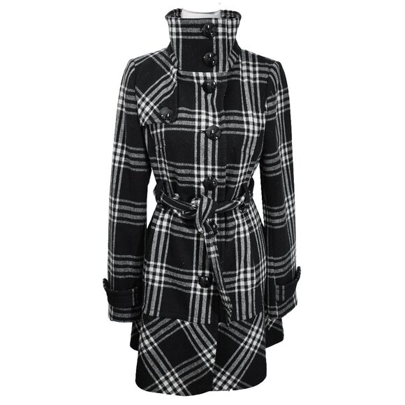 Express Plaid Coat Mod Academia Goth Classic Wool Blend Funnel Neck Long Peacoat - Picture 1 of 12